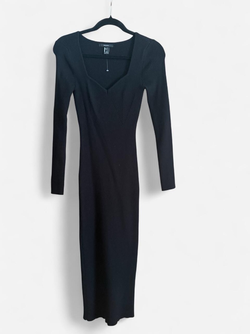 Forever 21 Black Ribbed V-Neck Long Sleeve Midi Dress